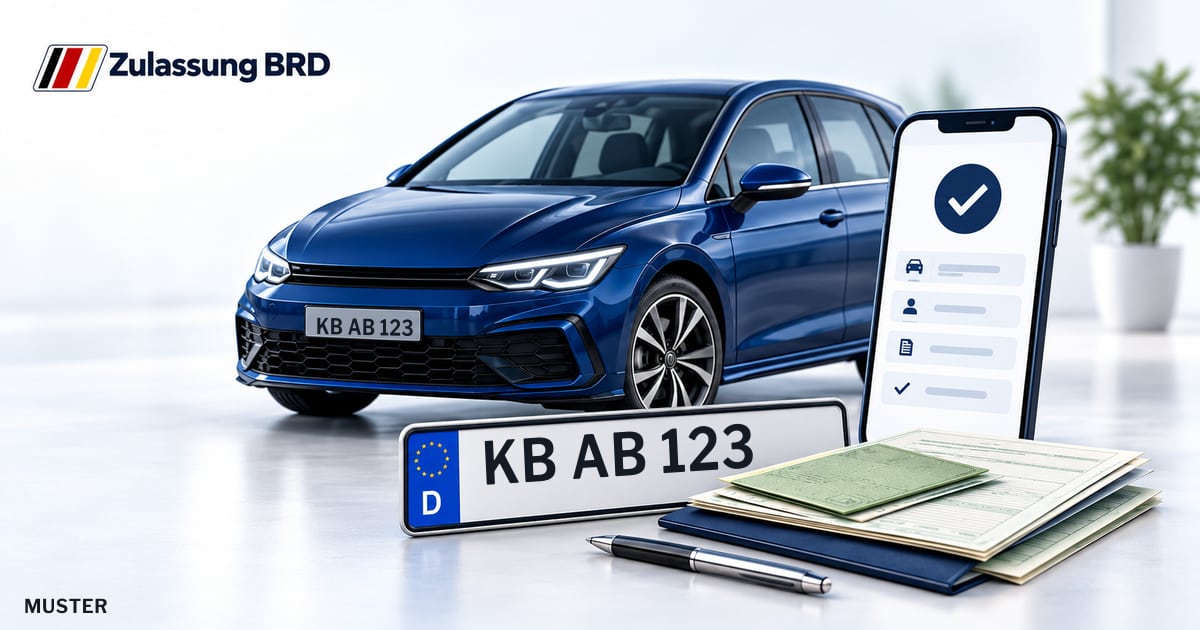 Online Fahrzeugzulassung in Frankenberg (Eder): Musterkennzeichen KB AB 123, Auto und Fahrzeugpapiere und Smartphone. Illustration mit Logo von Zulassung BRD.